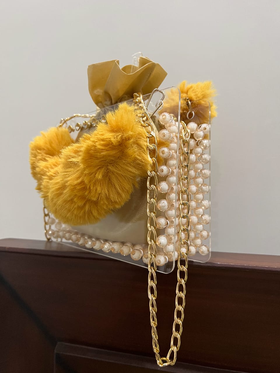 Pearls by Zainab – Premium Yellow Fur Acrylic Pearl Bag with Gold Chain & Inner Potli
