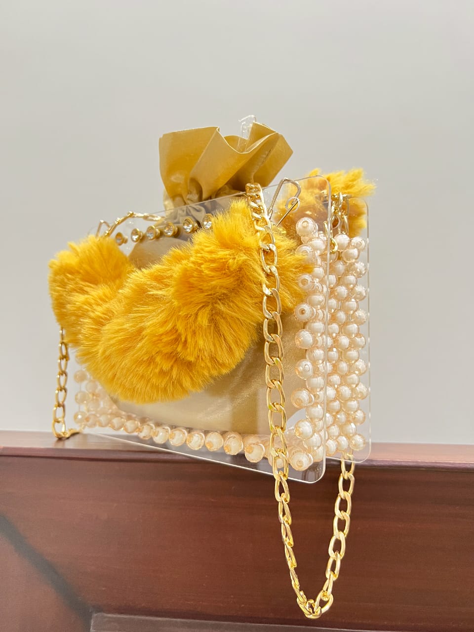 Pearls by Zainab – Premium Yellow Fur Acrylic Pearl Bag with Gold Chain & Inner Potli