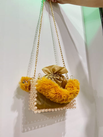 Pearls by Zainab – Premium Yellow Fur Acrylic Pearl Bag with Gold Chain & Inner Potli