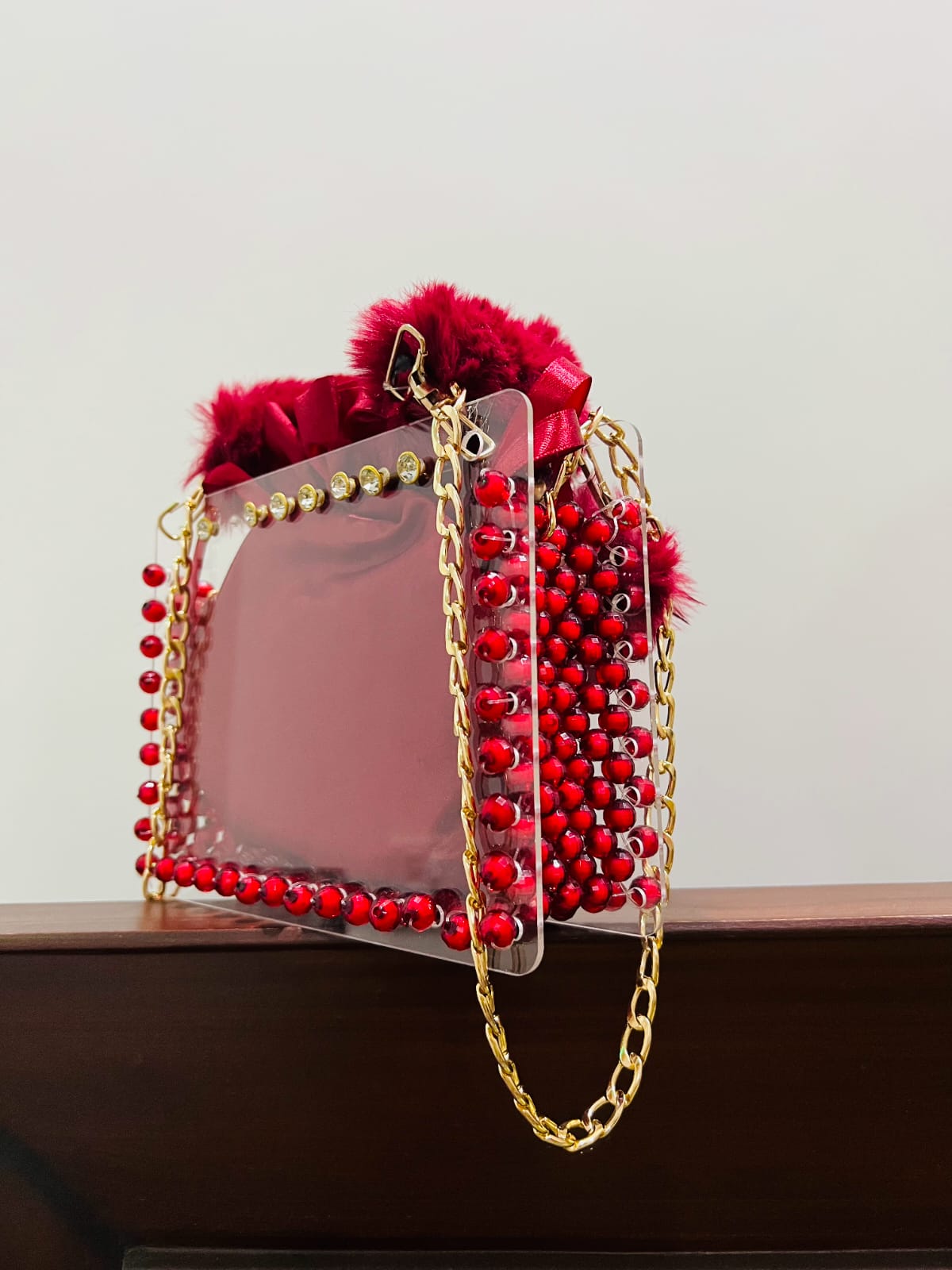Luxury Crystal-Beaded Acrylic Mini Bag – Red Velvet Finish | Pearls by Zainab