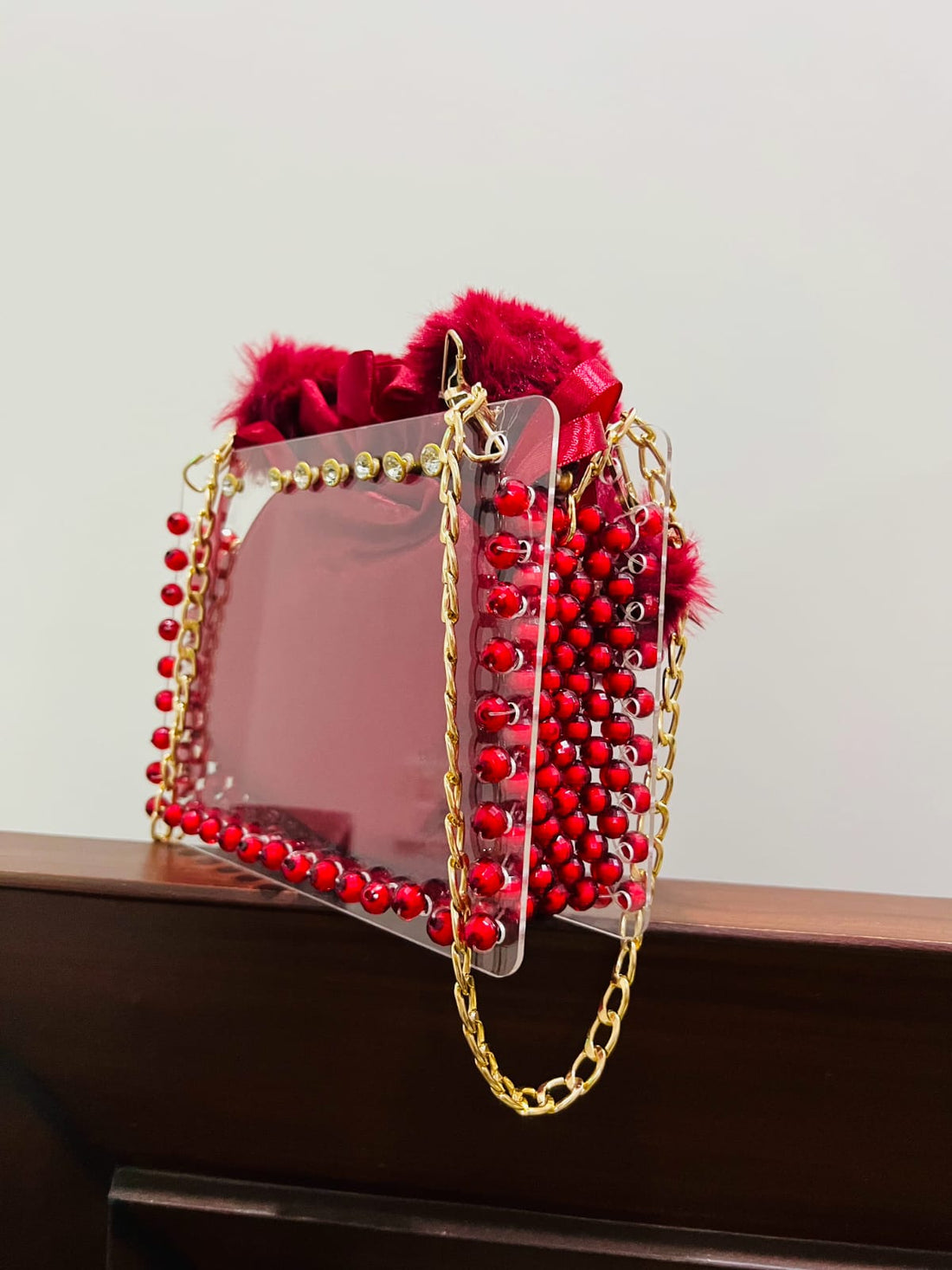 Luxury Crystal-Beaded Acrylic Mini Bag – Red Velvet Finish | Pearls by Zainab