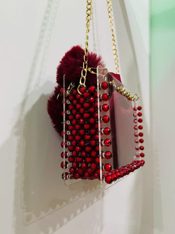 Luxury Crystal-Beaded Acrylic Mini Bag – Red Velvet Finish | Pearls by Zainab