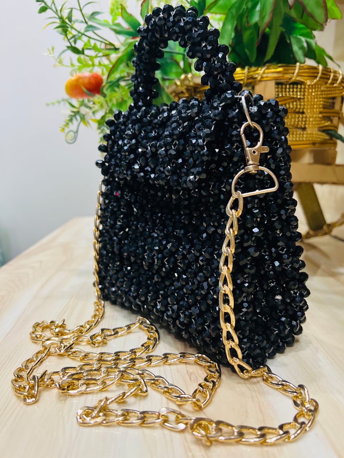 Elite Black Crystal Beaded Handbag with Gold Chain | Pearls by Zainab