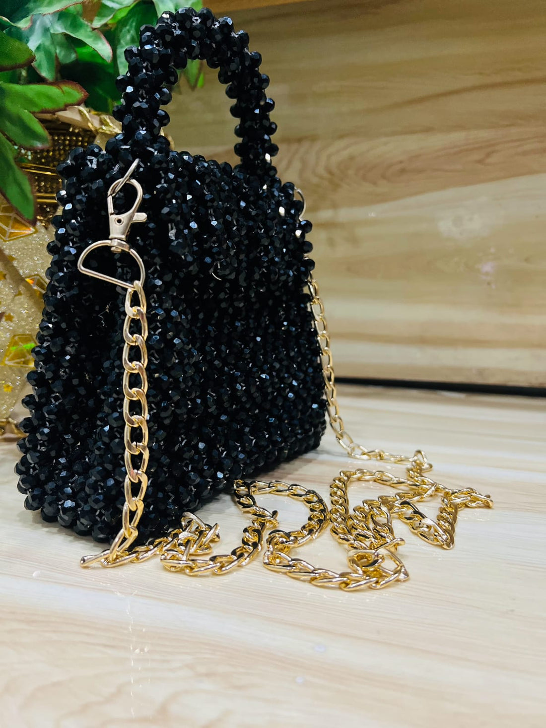 Elite Black Crystal Beaded Handbag with Gold Chain | Pearls by Zainab