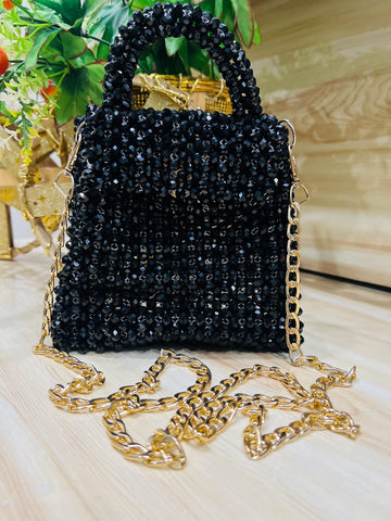 Elite Black Crystal Beaded Handbag with Gold Chain | Pearls by Zainab