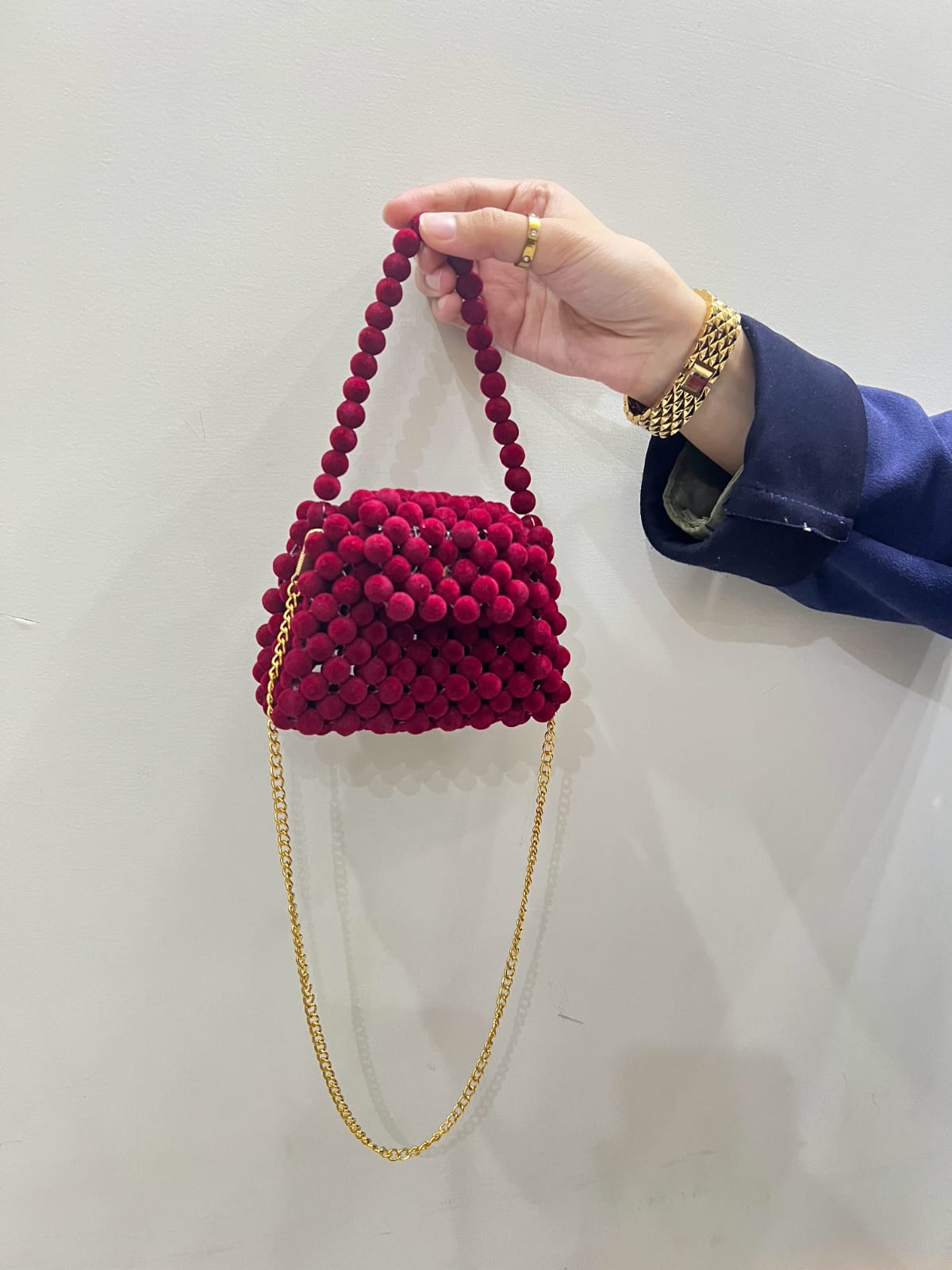 Velvet Pom-Pom Textured Mini Handbag – Red Luxe Edition | Pearls by Zainab