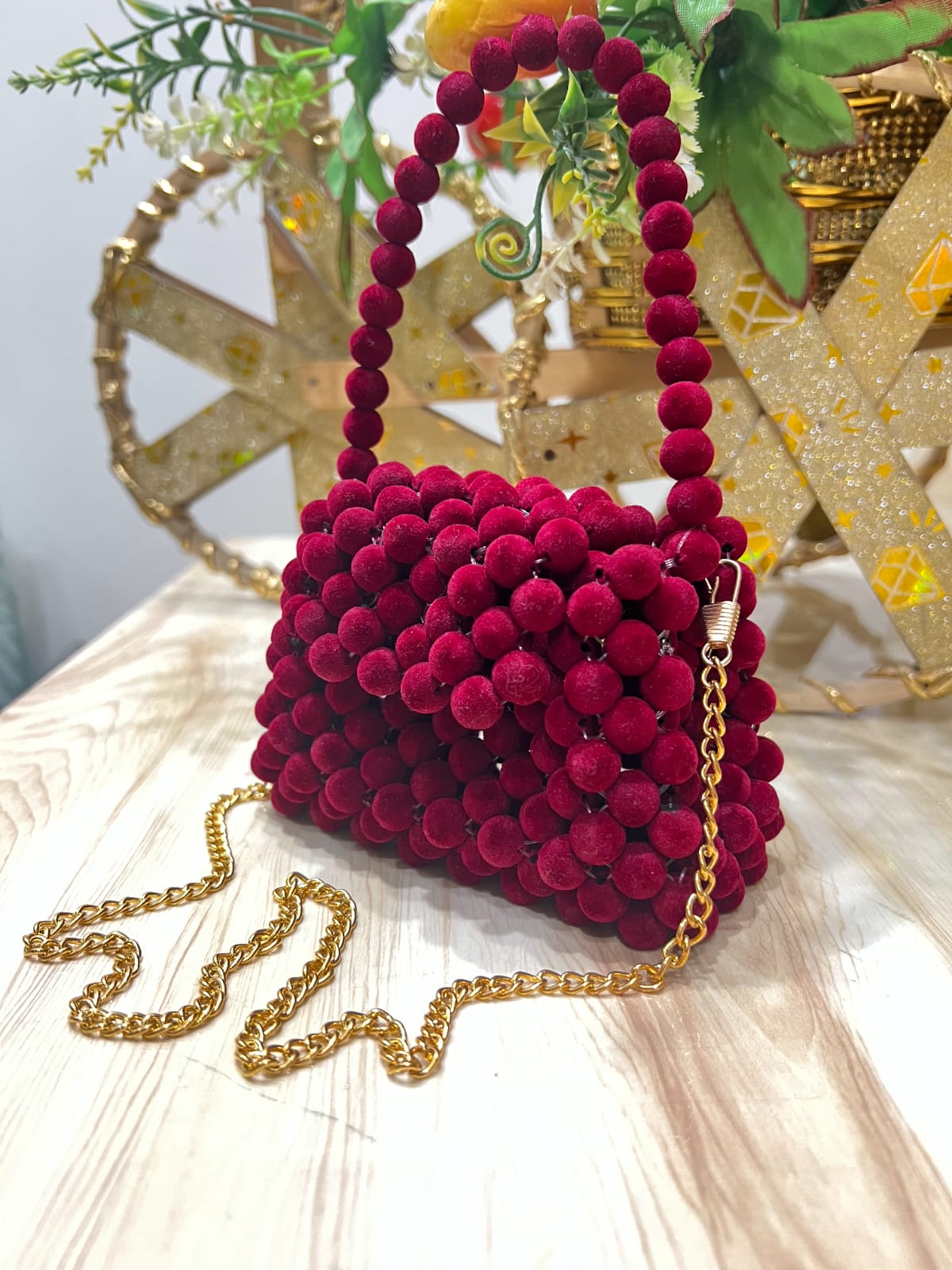 Velvet Pom-Pom Textured Mini Handbag – Red Luxe Edition | Pearls by Zainab