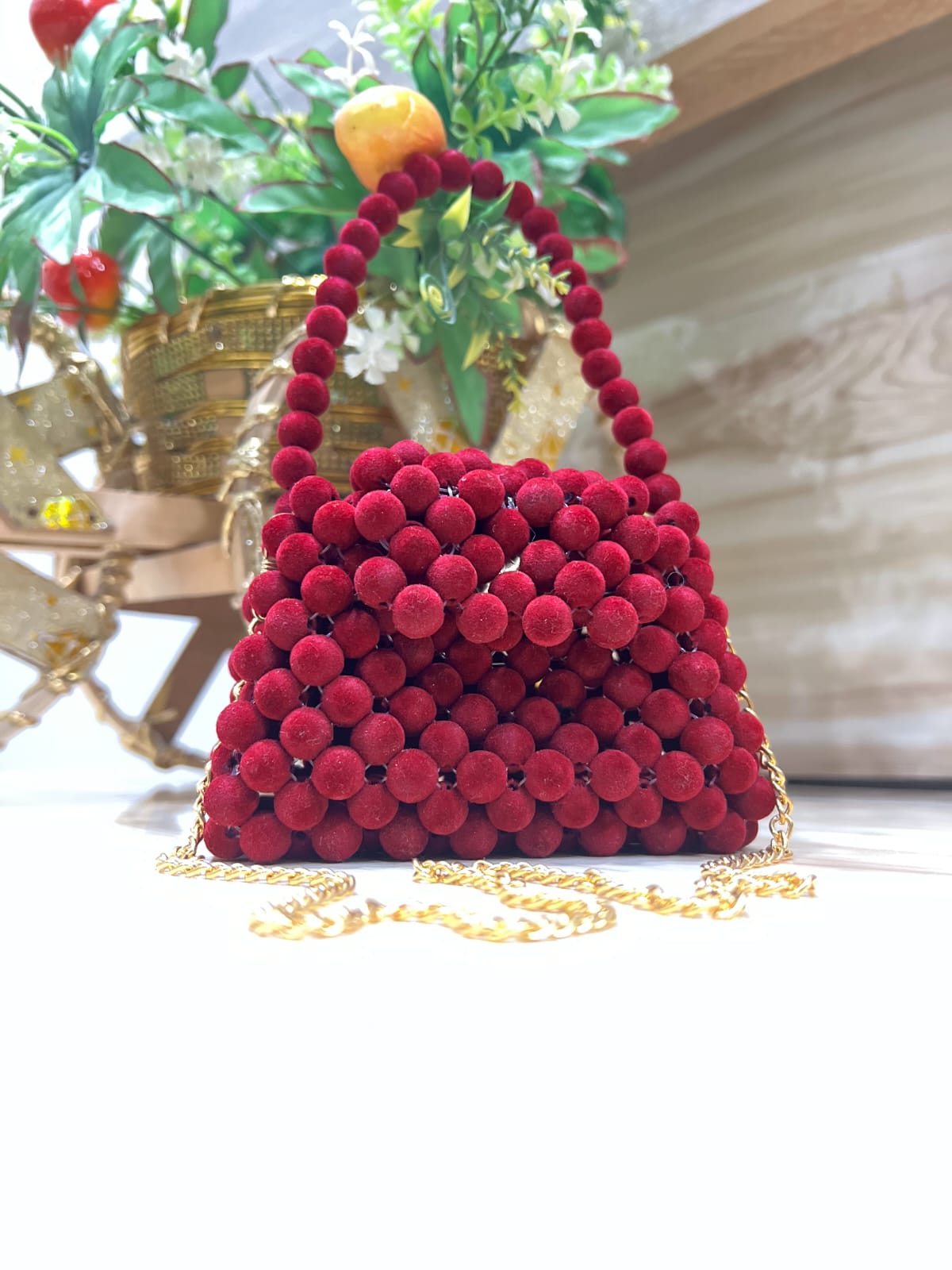 Velvet Pom-Pom Textured Mini Handbag – Red Luxe Edition | Pearls by Zainab