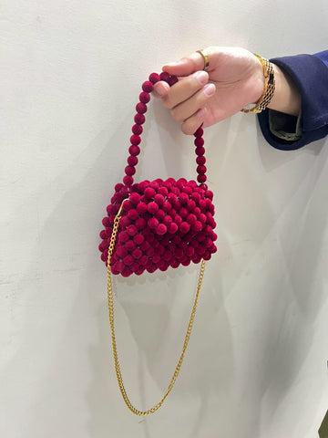 Velvet Pom-Pom Textured Mini Handbag – Red Luxe Edition | Pearls by Zainab
