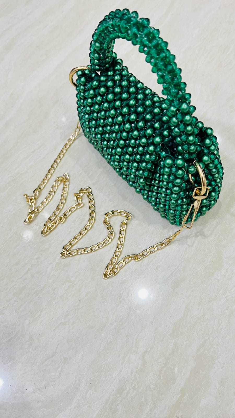 Emerald Luxe Handmade Beaded Mini Handbag with Gold Chain Strap