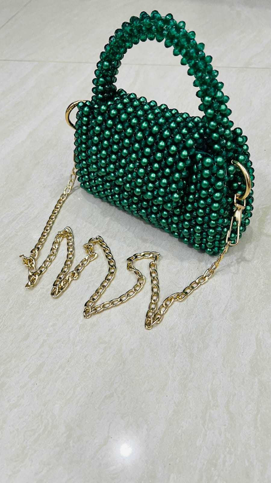 Emerald Luxe Handmade Beaded Mini Handbag with Gold Chain Strap