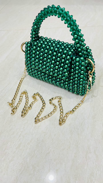 Emerald Luxe Handmade Beaded Mini Handbag with Gold Chain Strap