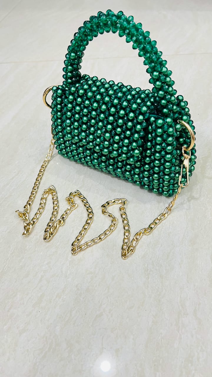 Emerald Luxe Handmade Beaded Mini Handbag with Gold Chain Strap