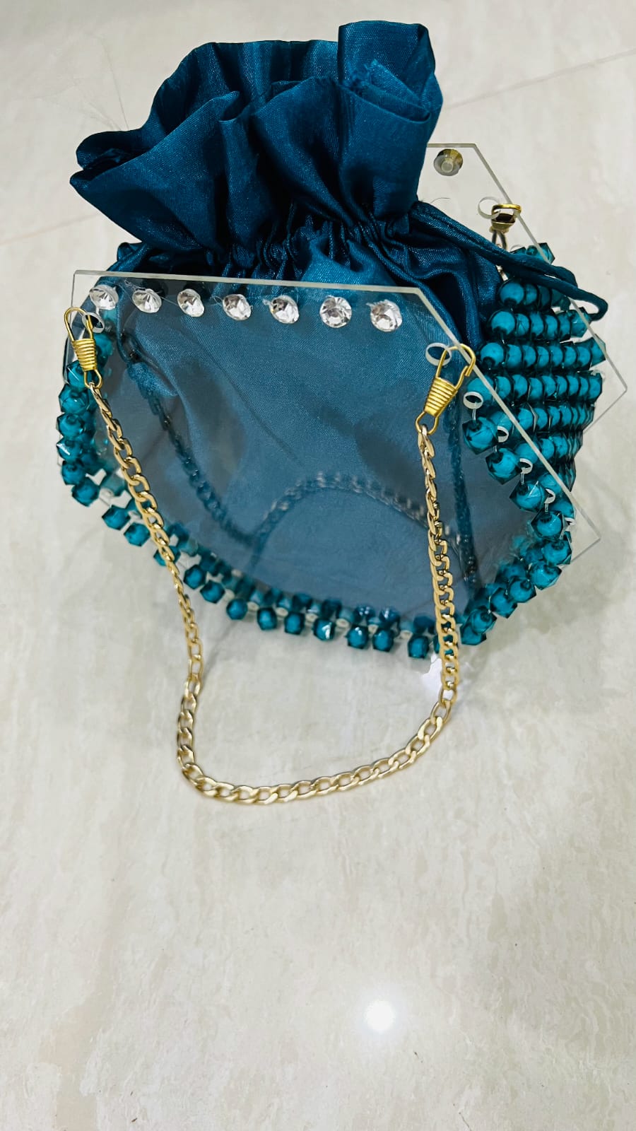 Teal Crystal Beaded Acrylic Box Bag with Satin Pouch & Gold Chain