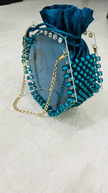 Teal Crystal Beaded Acrylic Box Bag with Satin Pouch & Gold Chain
