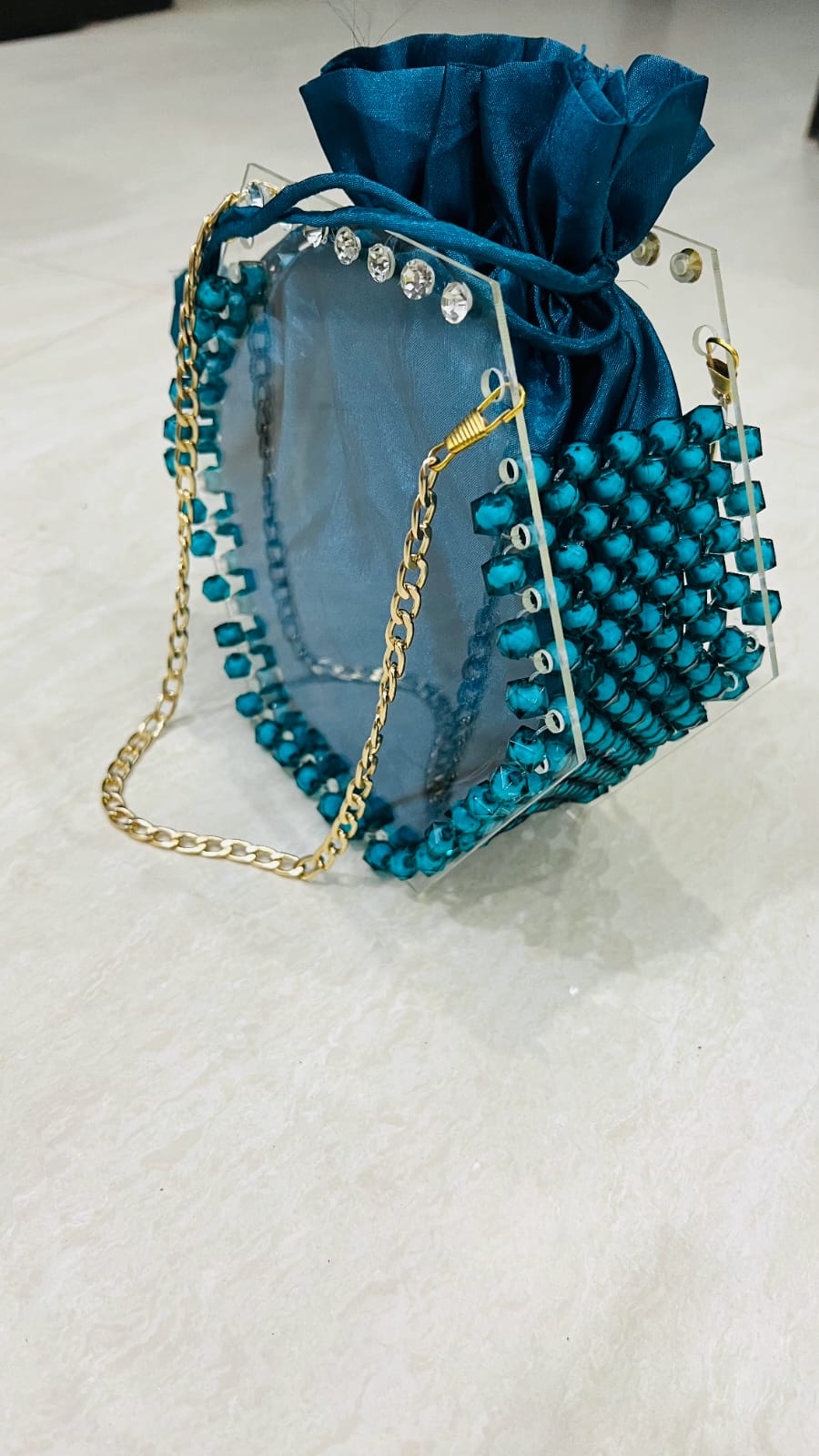 Teal Crystal Beaded Acrylic Box Bag with Satin Pouch & Gold Chain