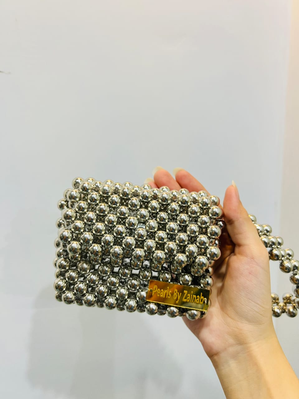 Luxury Metallic Pearl Beaded Mini Handbag – Handmade by Pearls By Zainab