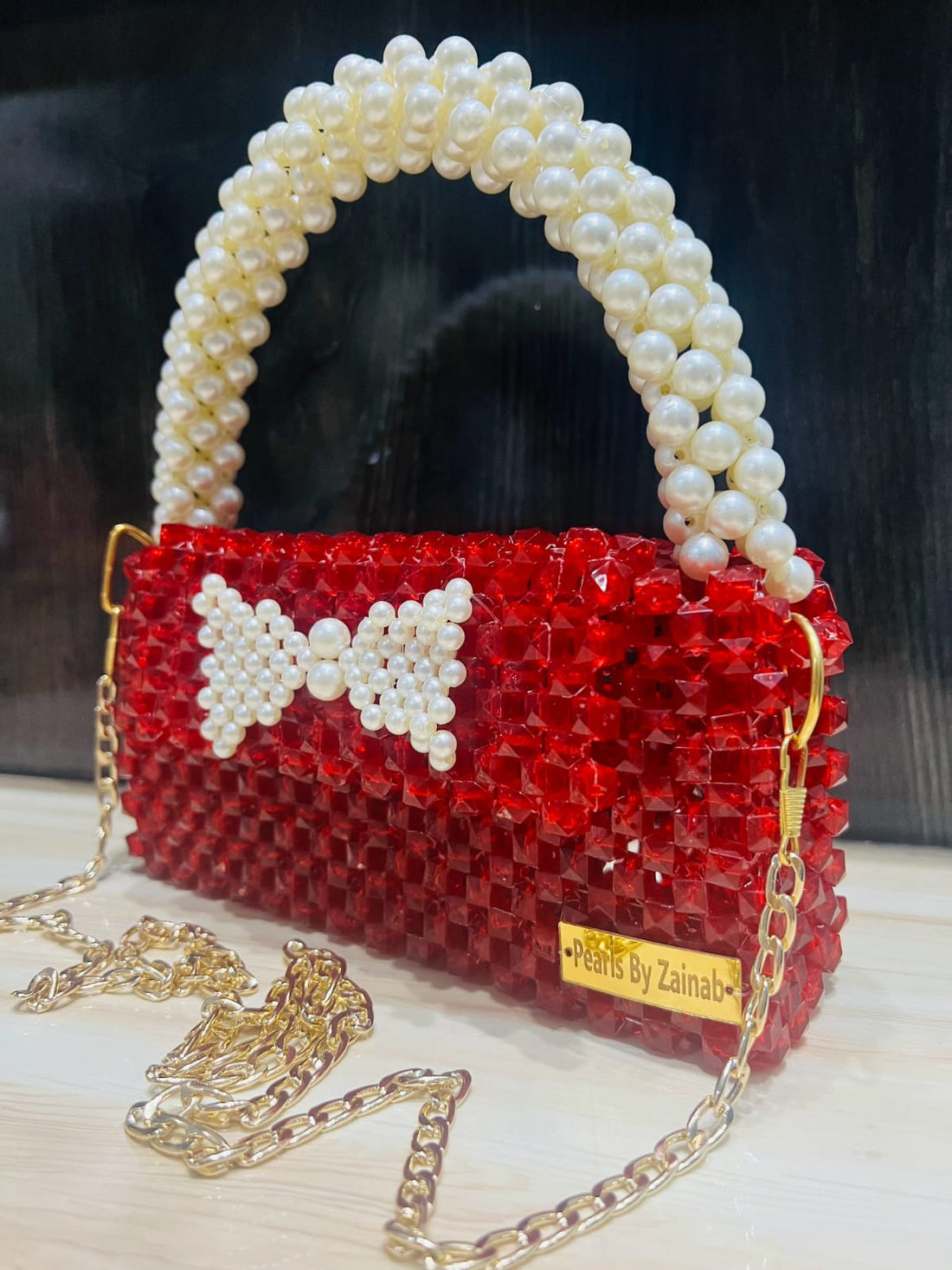 Handcrafted Red Crystal Pearl-Handle Handbag with Pearl Bow – Luxury Party & Evening Purse | Pearls By Zainab