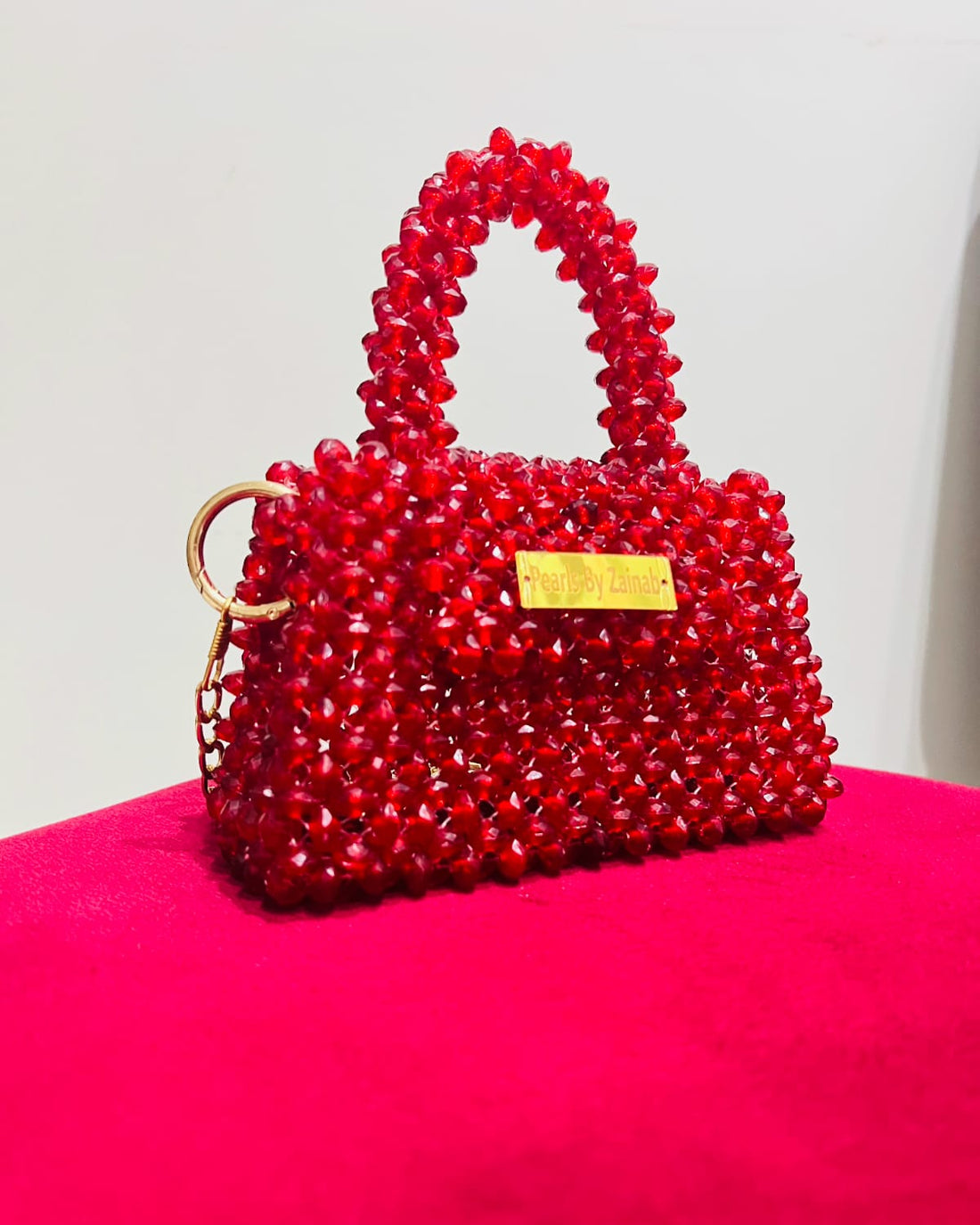 andcrafted Red Crystal Beaded Mini Handbag – Gold Chain Crossbody | Pearls By Zainab