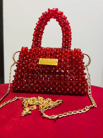 andcrafted Red Crystal Beaded Mini Handbag – Gold Chain Crossbody | Pearls By Zainab