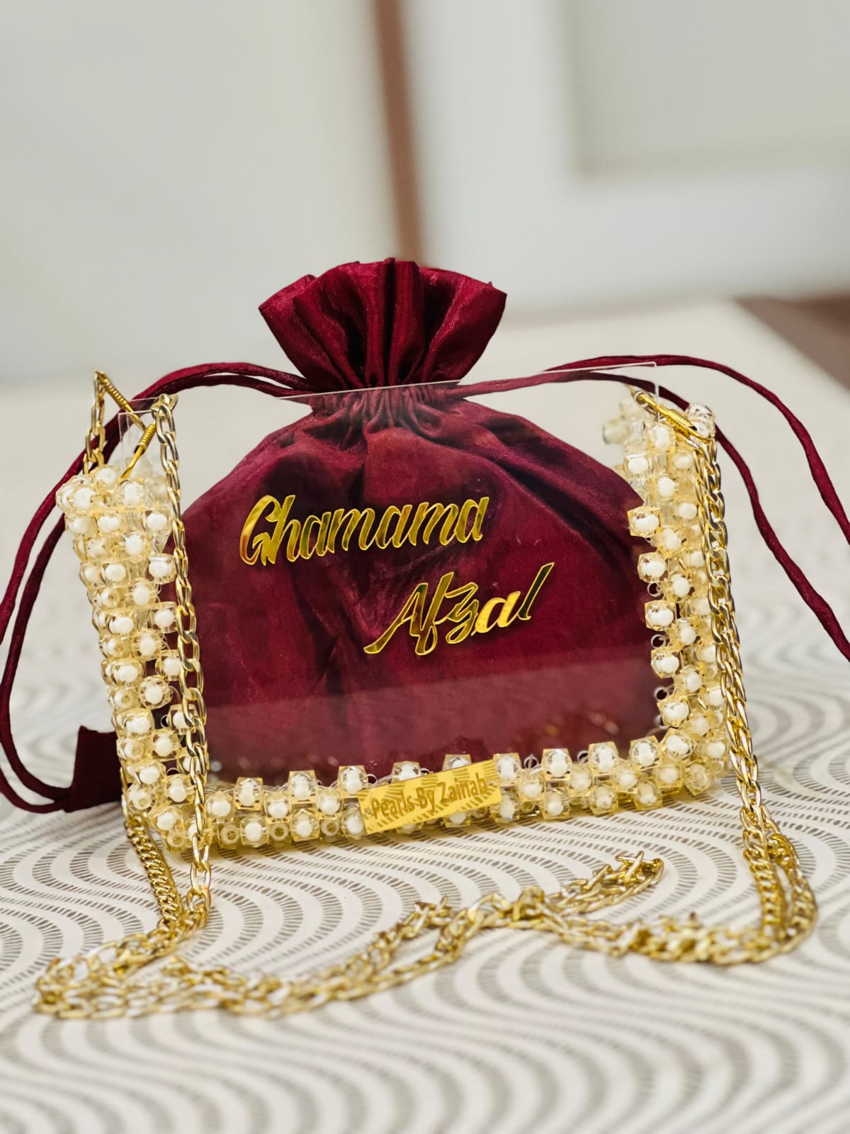 Luxury Acrylic Pearl Clutch With Custom Velvet Pouch – Gold Chain | Pearls by Zainab