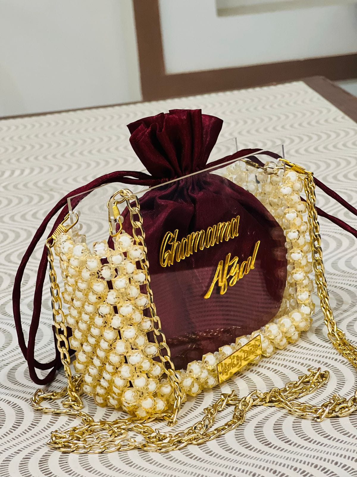 Luxury Acrylic Pearl Clutch With Custom Velvet Pouch – Gold Chain | Pearls by Zainab