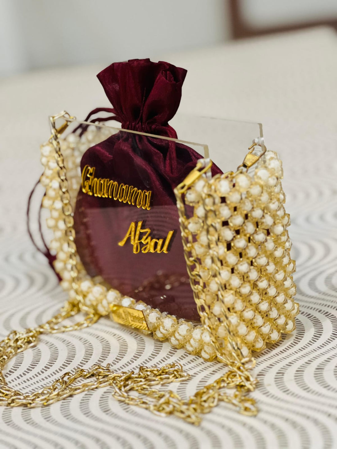 Luxury Acrylic Pearl Clutch With Custom Velvet Pouch – Gold Chain | Pearls by Zainab