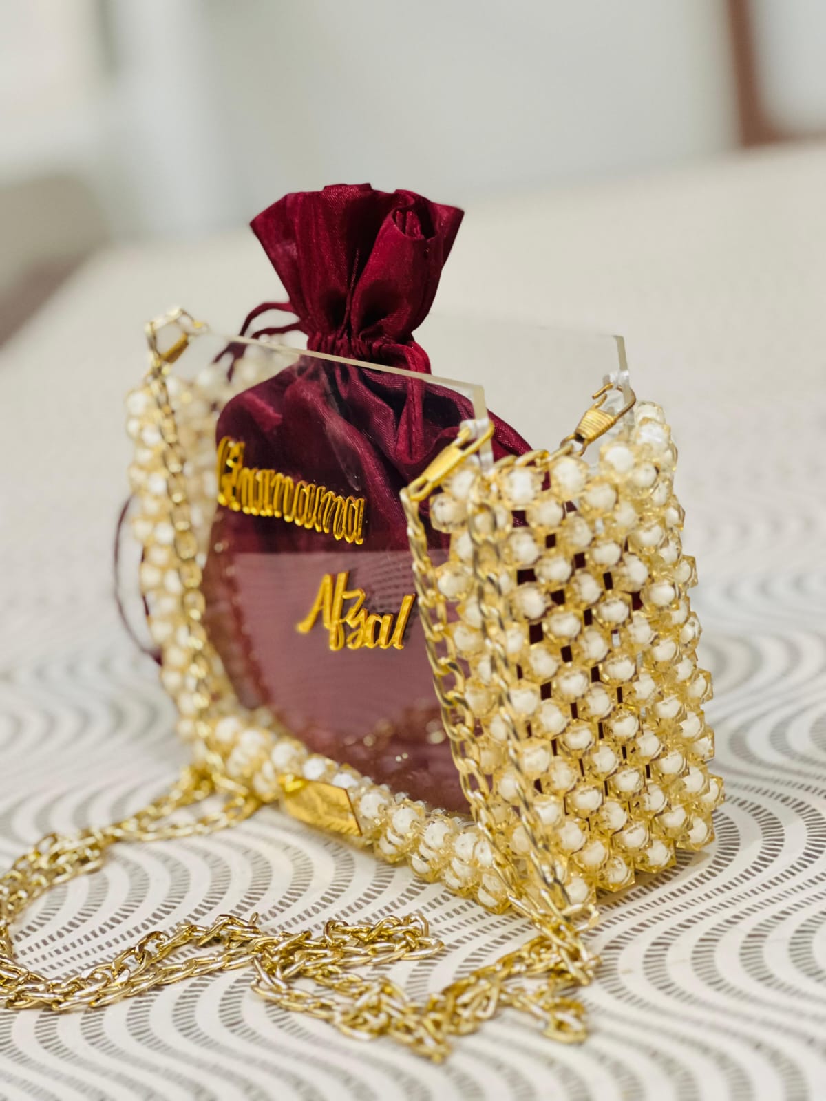 Luxury Acrylic Pearl Clutch With Custom Velvet Pouch – Gold Chain | Pearls by Zainab