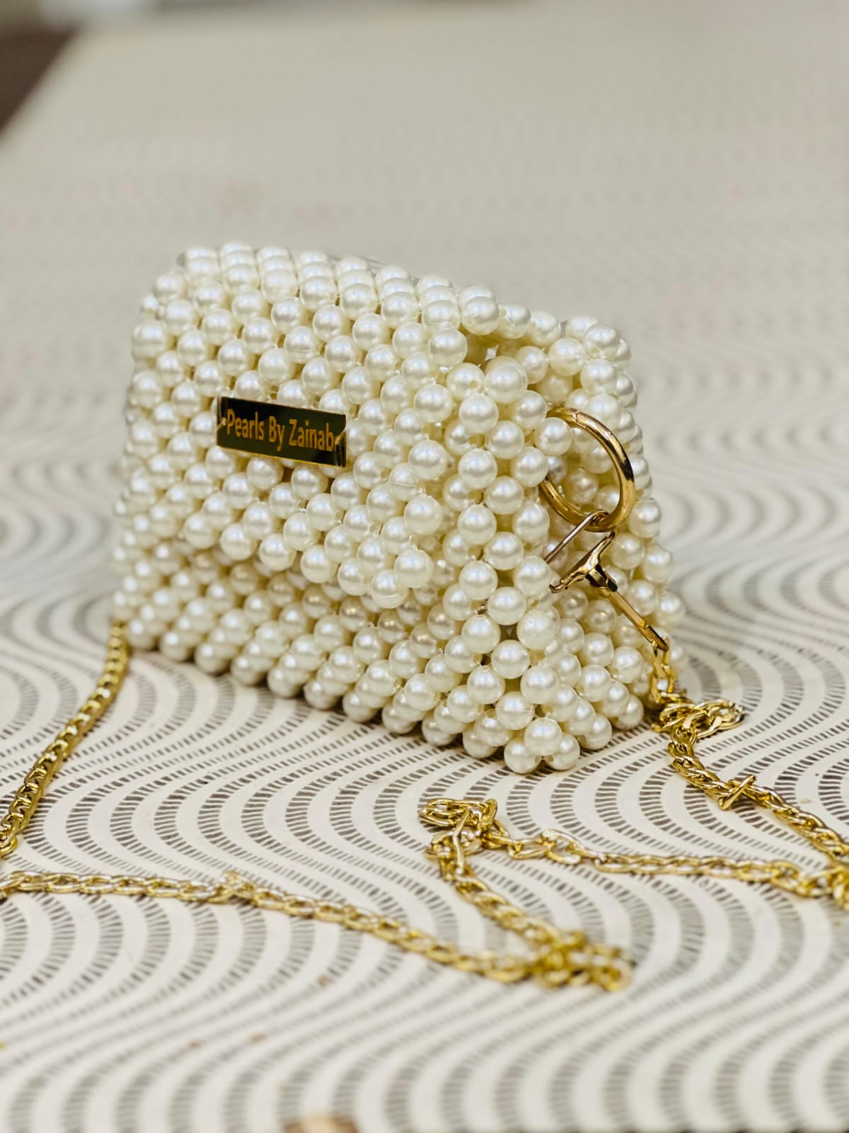 Luxury Handmade Pearl Beaded Evening Bag – Gold Chain Accent | Pearls by Zainab