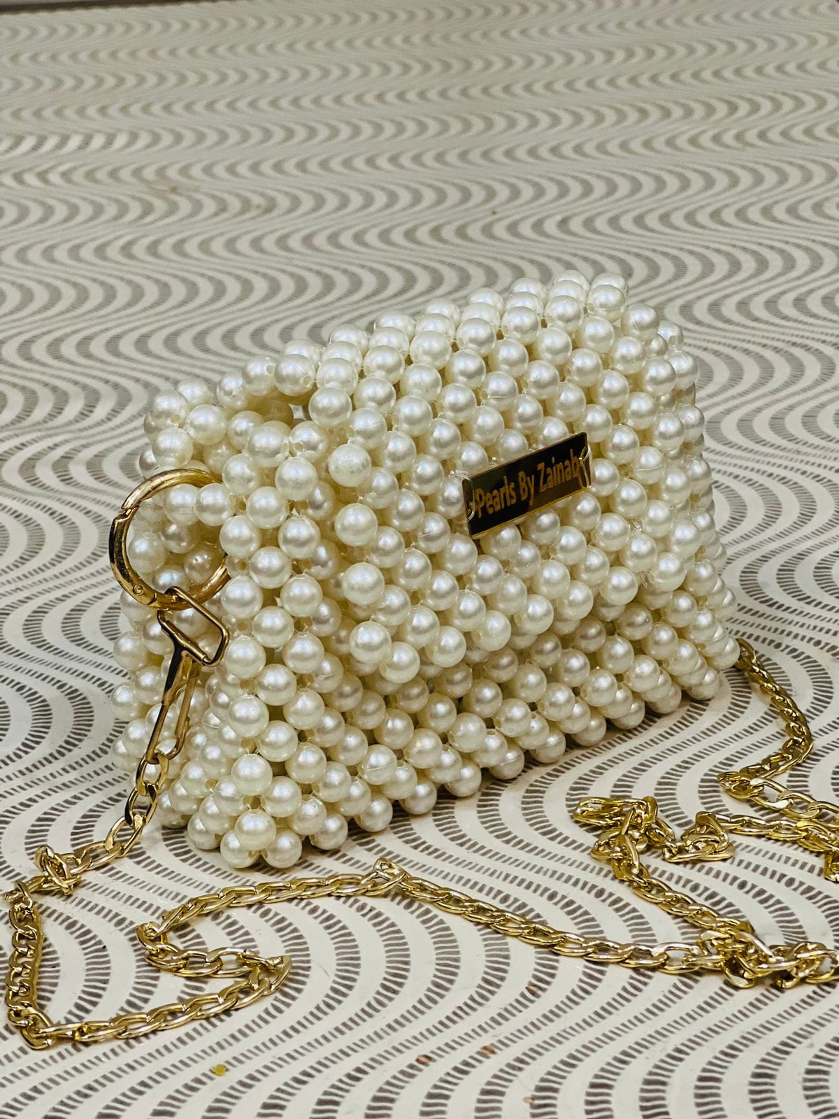 Luxury Handmade Pearl Beaded Evening Bag – Gold Chain Accent | Pearls by Zainab