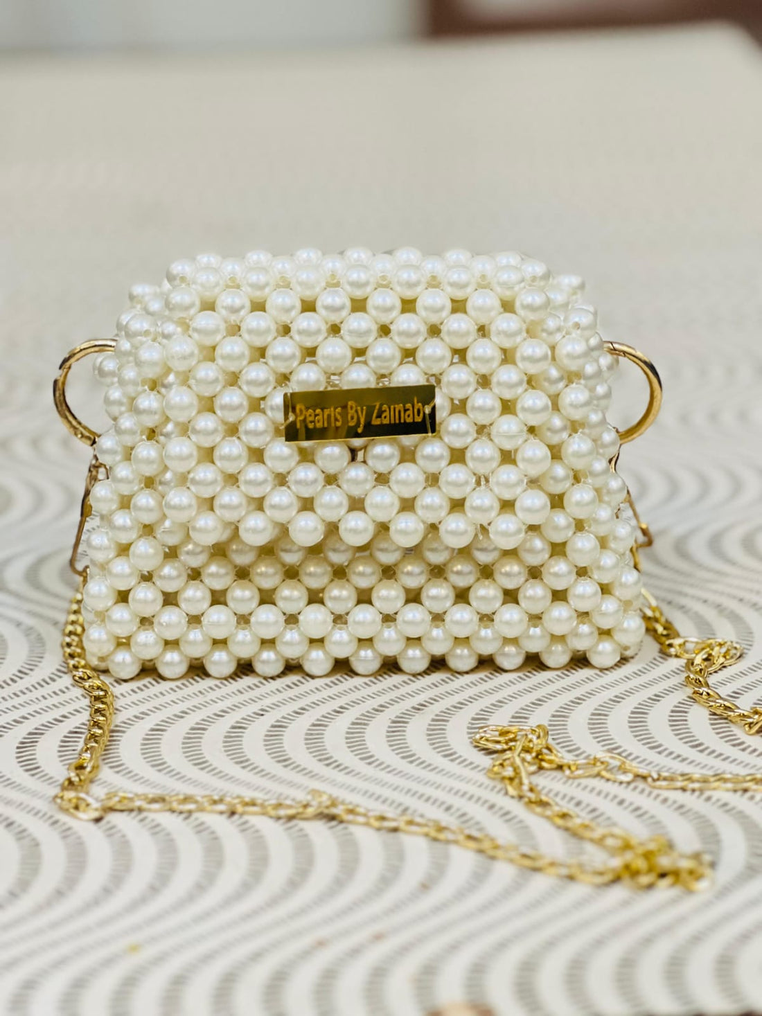 Luxury Handmade Pearl Beaded Evening Bag – Gold Chain Accent | Pearls by Zainab