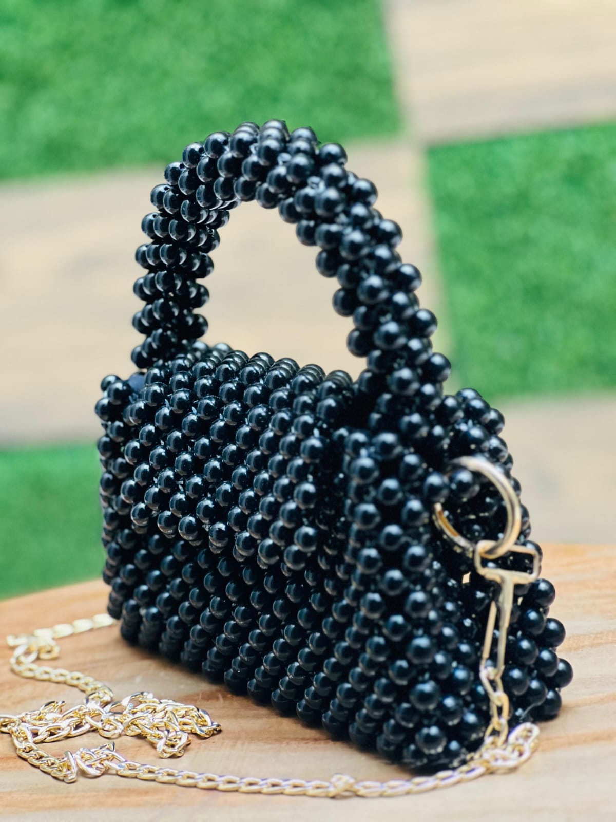 Handcrafted Premium Black Beaded Handbag with Gold Chain | Pearls By Zainab