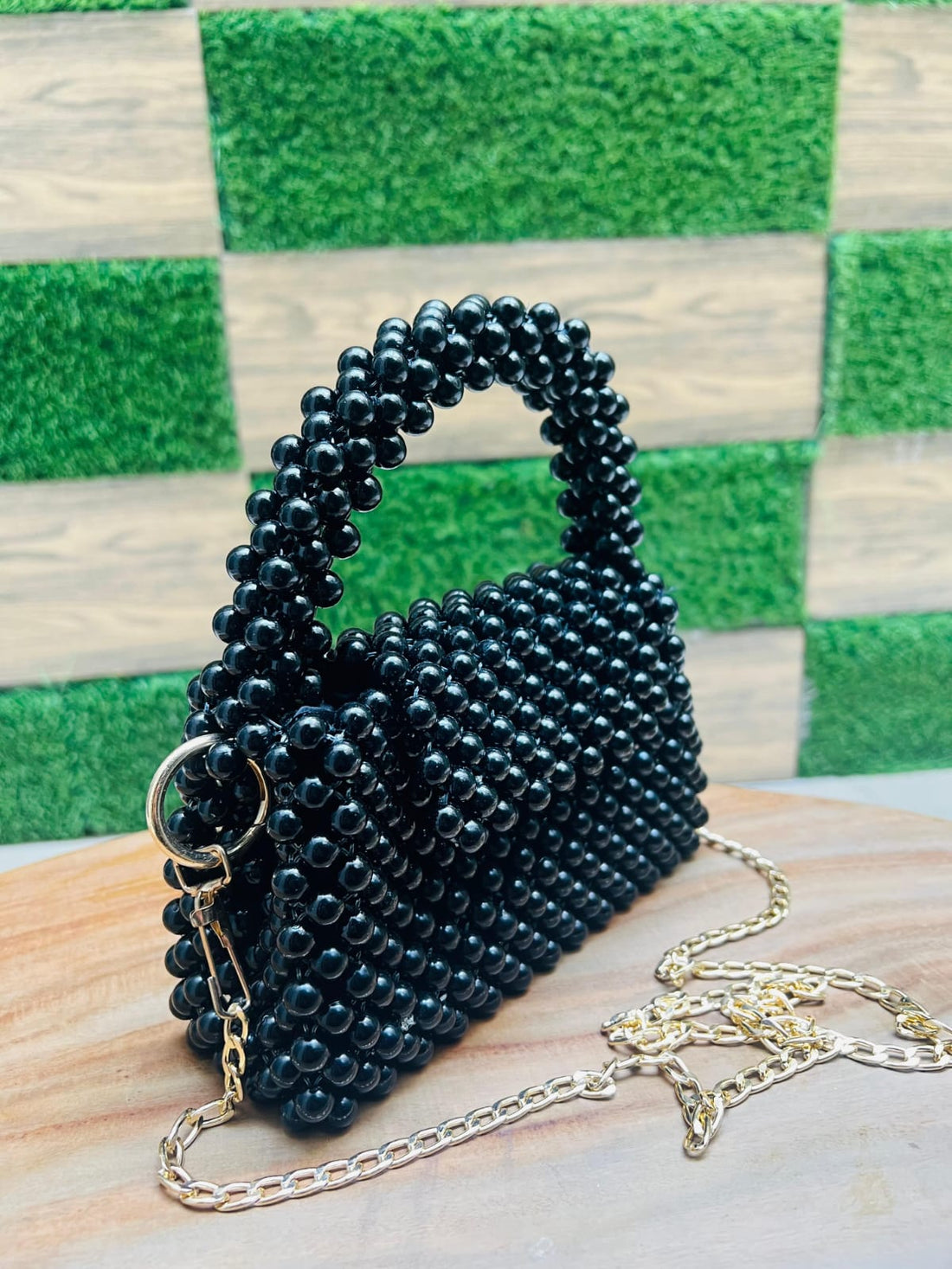 Handcrafted Premium Black Beaded Handbag with Gold Chain | Pearls By Zainab