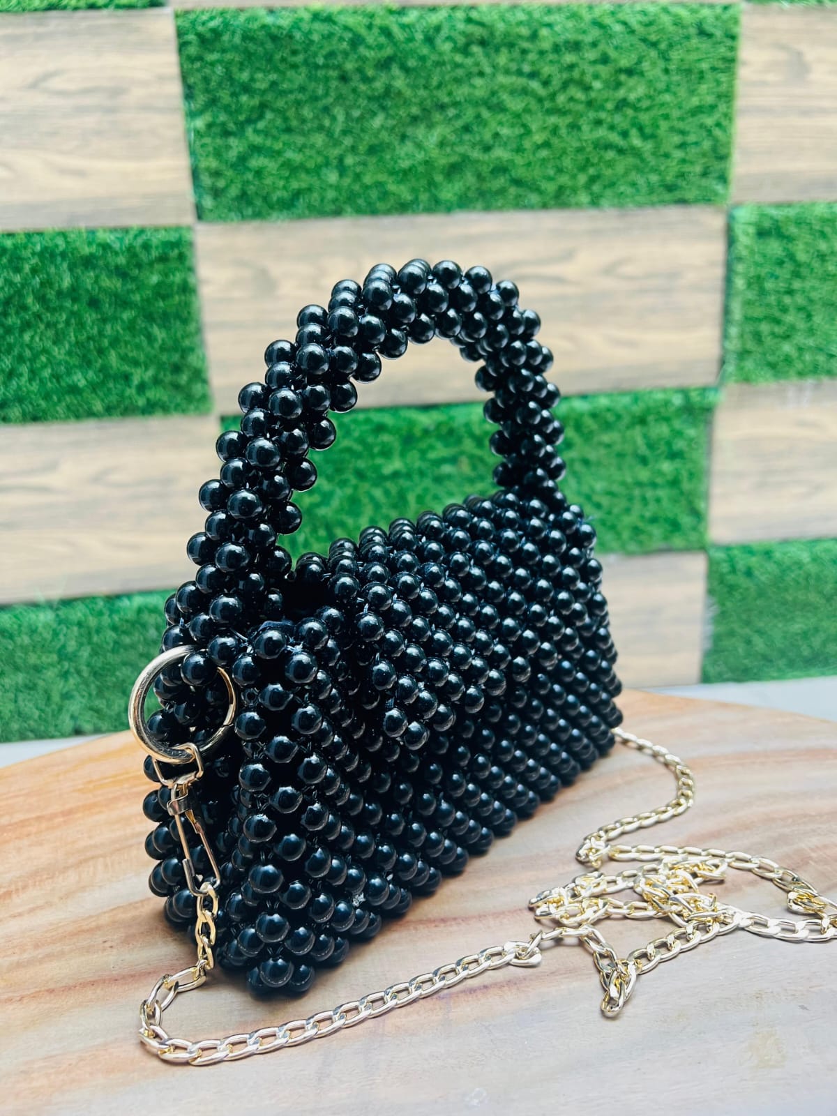 Handcrafted Premium Black Beaded Handbag with Gold Chain | Pearls By Zainab