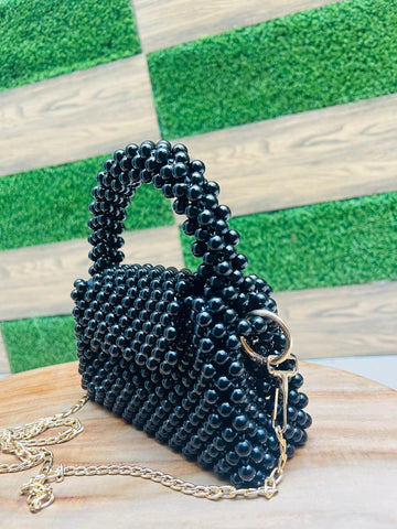 Handcrafted Premium Black Beaded Handbag with Gold Chain | Pearls By Zainab