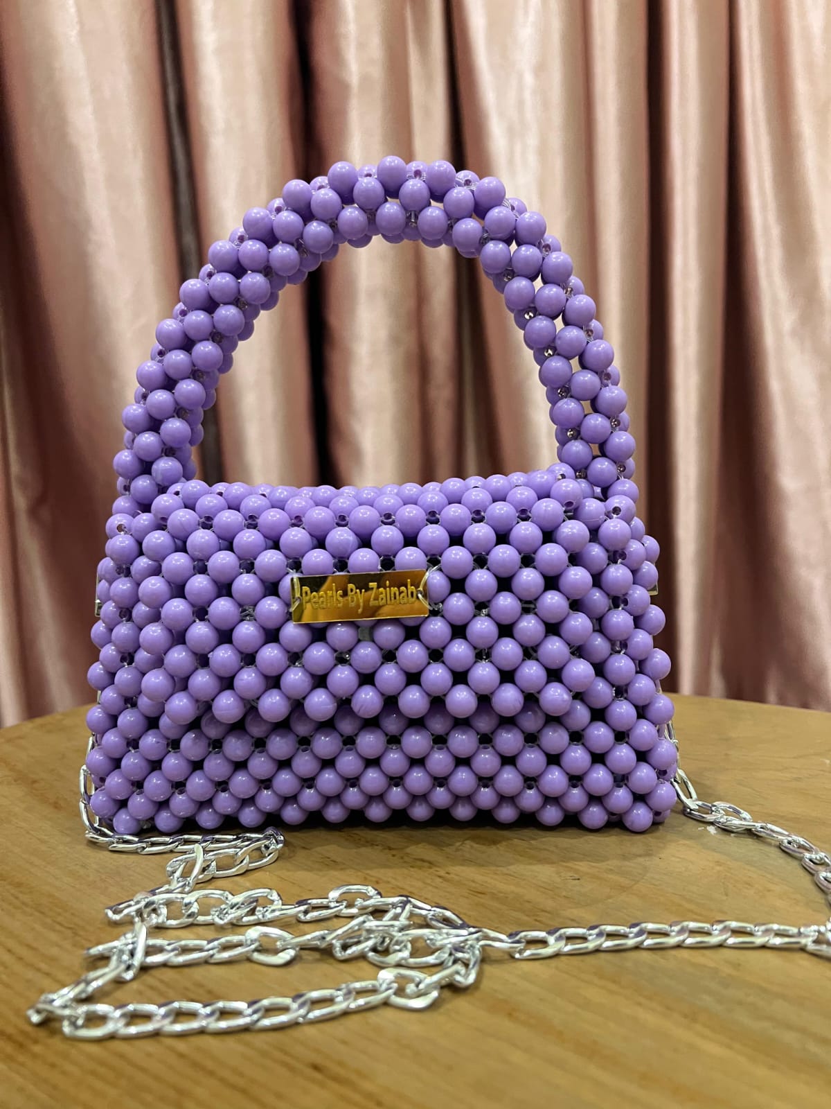 Handcrafted Purple Beaded bag With Silver Chain – Elegant Pearls By Zainab Exclusive