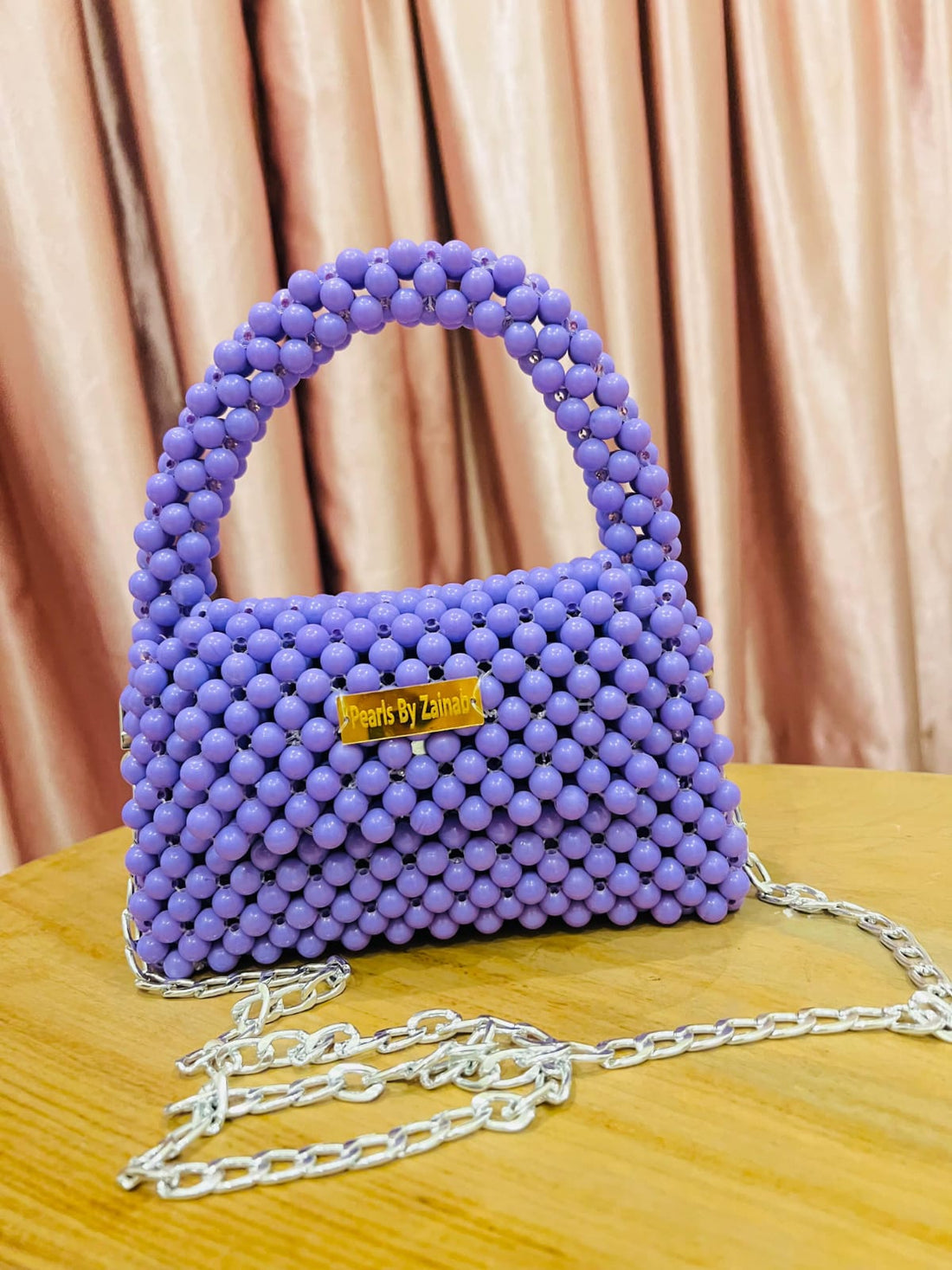 Handcrafted Purple Beaded bag With Silver Chain – Elegant Pearls By Zainab Exclusive