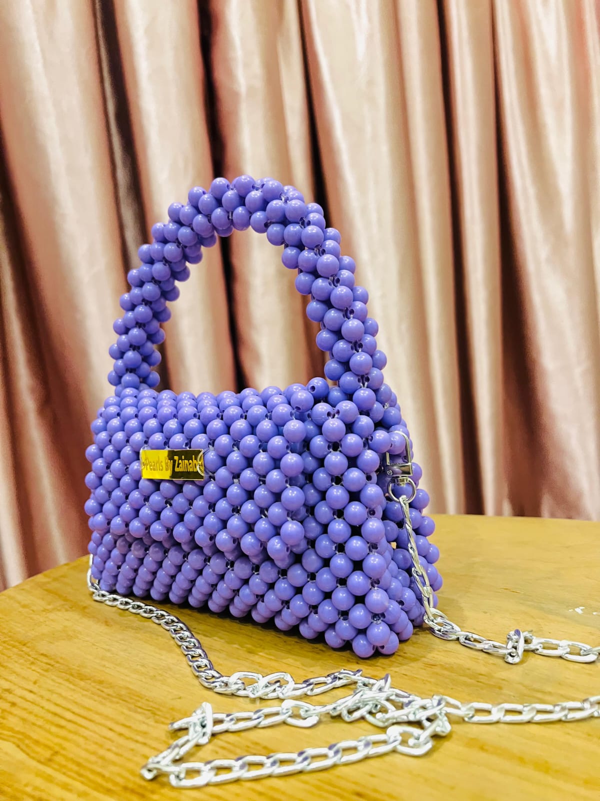 Handcrafted Purple Beaded bag With Silver Chain – Elegant Pearls By Zainab Exclusive