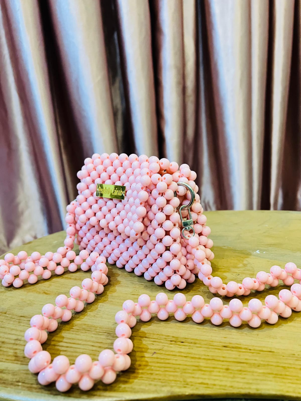 Handcrafted Pink Beaded Crossbody Bag – Elegant Pearl-Style Shoulder Purse