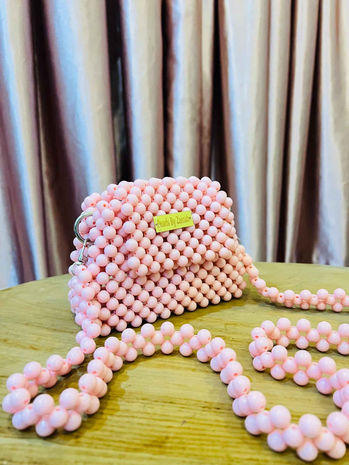Handcrafted Pink Beaded Crossbody Bag – Elegant Pearl-Style Shoulder Purse