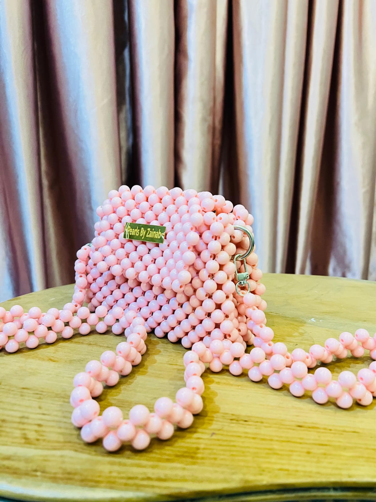 Handcrafted Pink Beaded Crossbody Bag – Elegant Pearl-Style Shoulder Purse