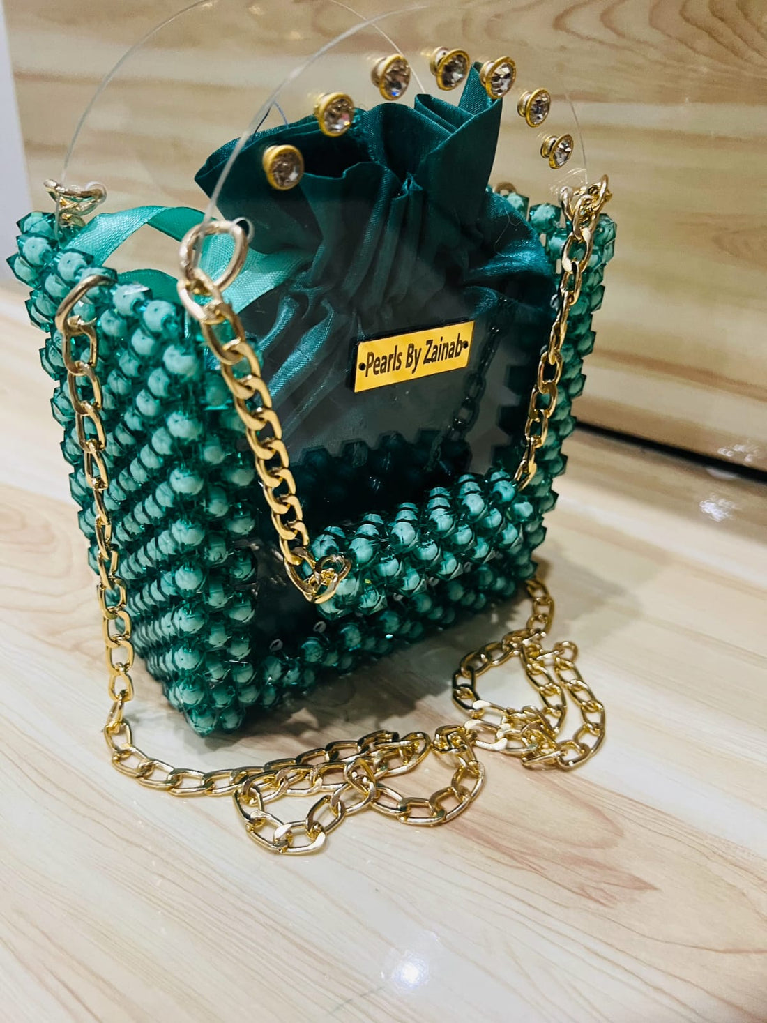 Emerald Crystal Beaded Acrylic Handbag with Gold Chain – Premium Edition | Pearls by Zainab