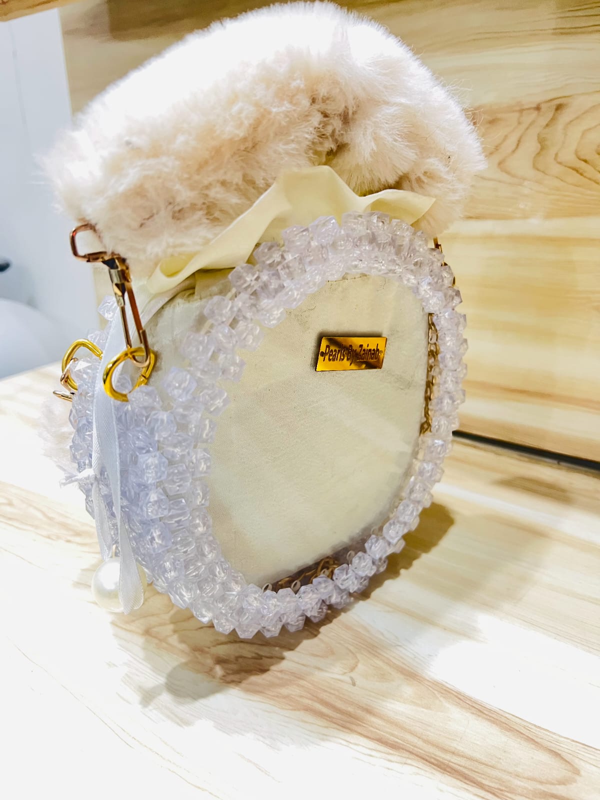 Luxury Crystal-Beaded Round Crossbody Bag – Cream Satin & Faux Fur | Handmade by Pearls By Zainab