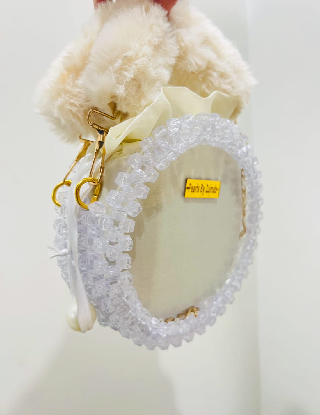 Luxury Crystal-Beaded Round Crossbody Bag – Cream Satin & Faux Fur | Handmade by Pearls By Zainab