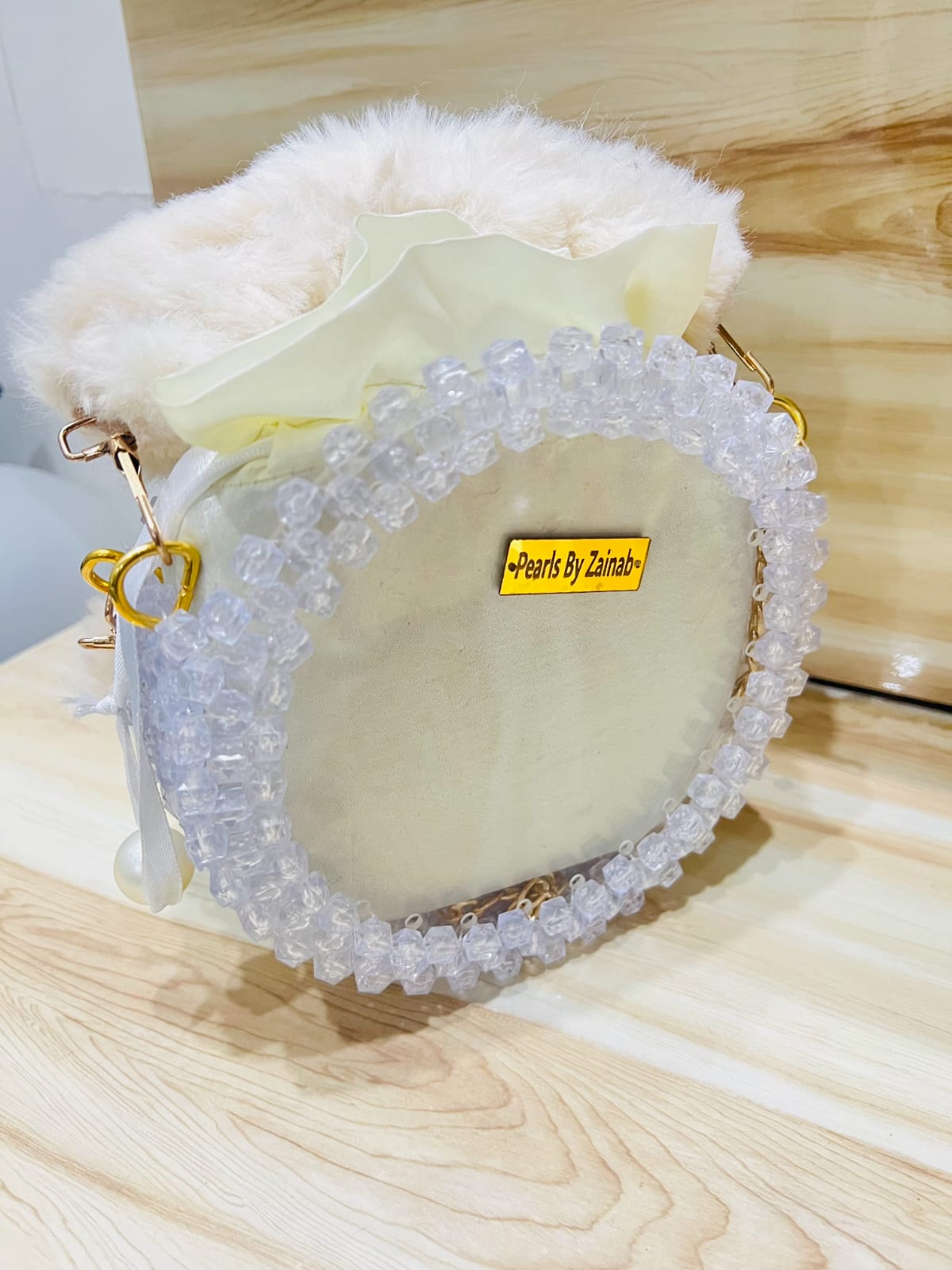 Luxury Crystal-Beaded Round Crossbody Bag – Cream Satin & Faux Fur | Handmade by Pearls By Zainab