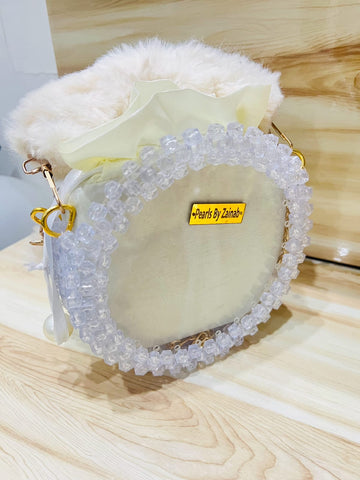 Luxury Crystal-Beaded Round Crossbody Bag – Cream Satin & Faux Fur | Handmade by Pearls By Zainab