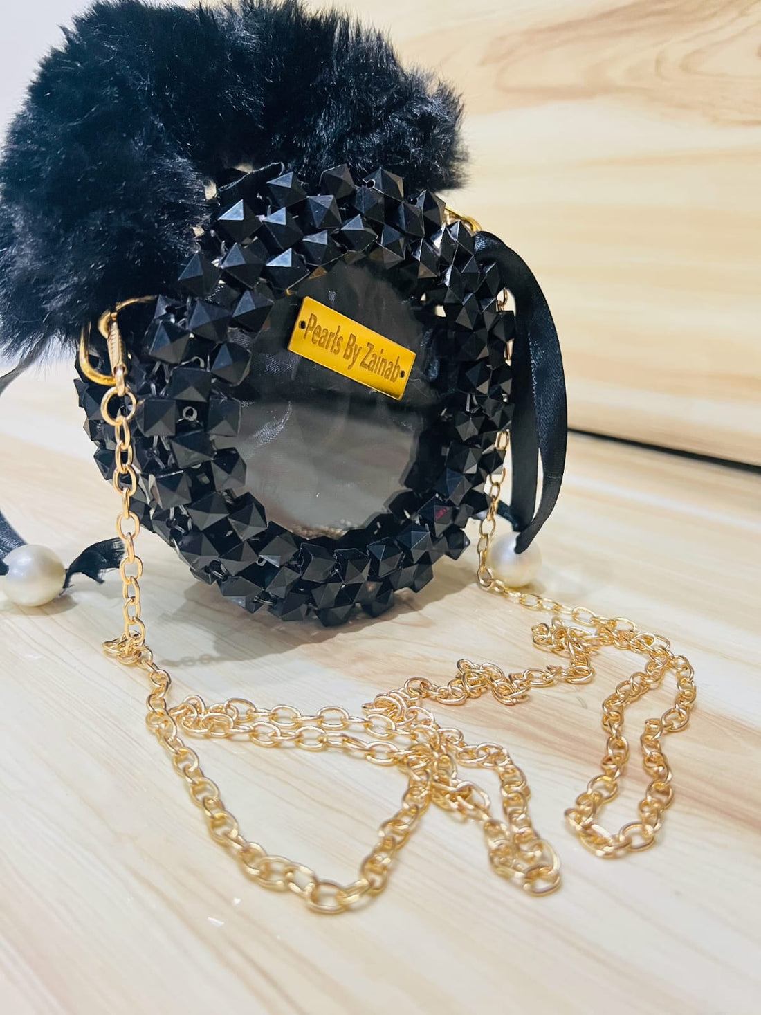 Elegant Black Circular Beaded Crossbody Bag with Pearl Charm