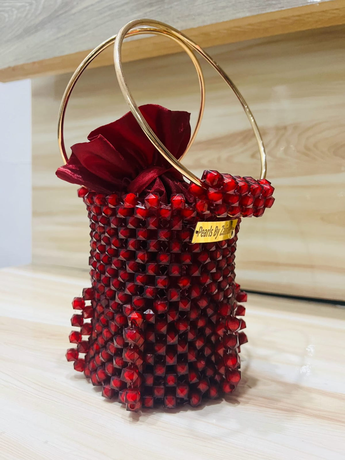 Elegant Cylinder-Shaped Crystal Bead Bag – Red Royale Edition