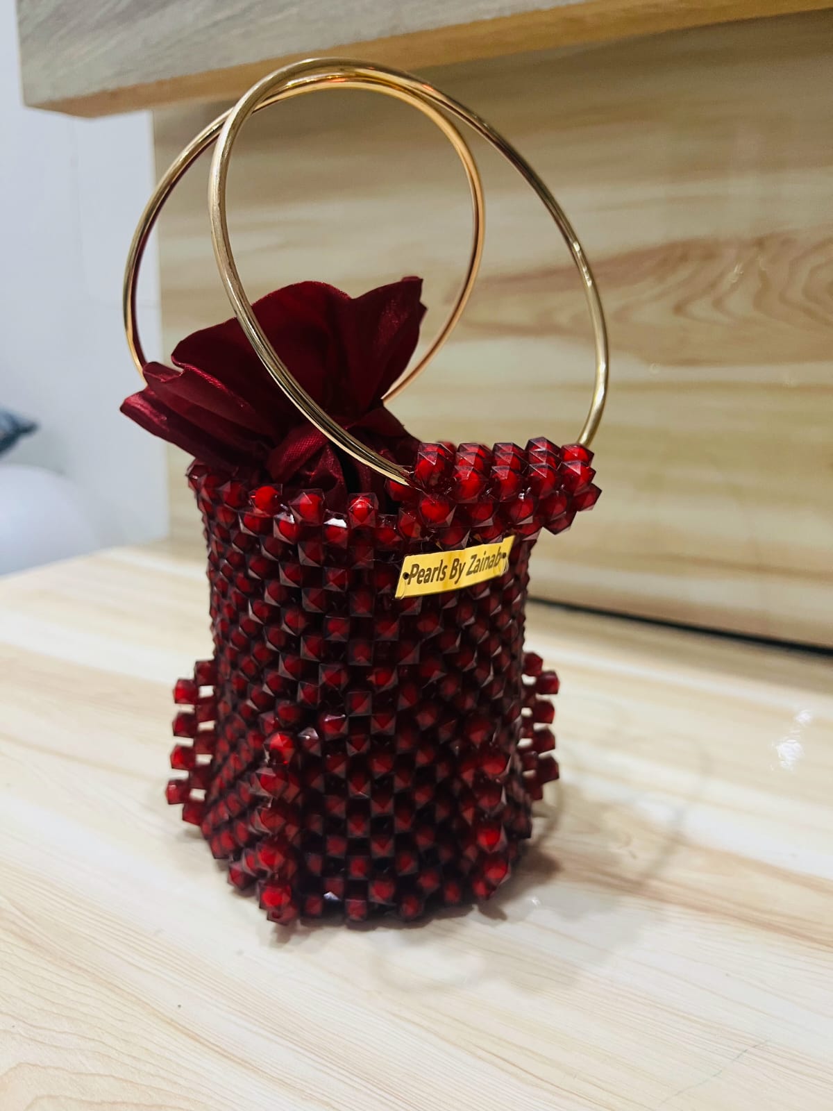 Elegant Cylinder-Shaped Crystal Bead Bag – Red Royale Edition