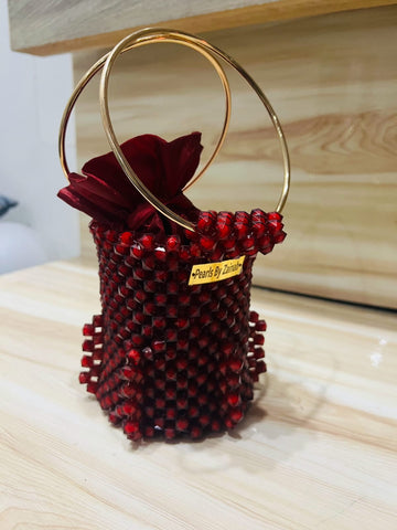Elegant Cylinder-Shaped Crystal Bead Bag – Red Royale Edition